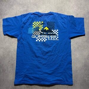 Quiksilver Graphic T-Shirt Mens Large Blue Checkered Logo Surf Skate Tee
